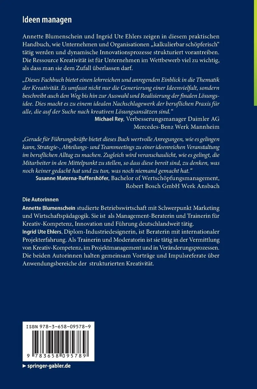 Rückseite: 9783658095789 | Ideen managen | Ingrid Ute Ehlers (u. a.) | Buch | xvii | Deutsch