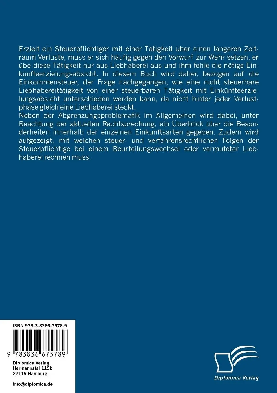 Rückseite: 9783836675789 | Einkünfteerzielung und Liebhaberei im Einkommensteuerrecht | Boos