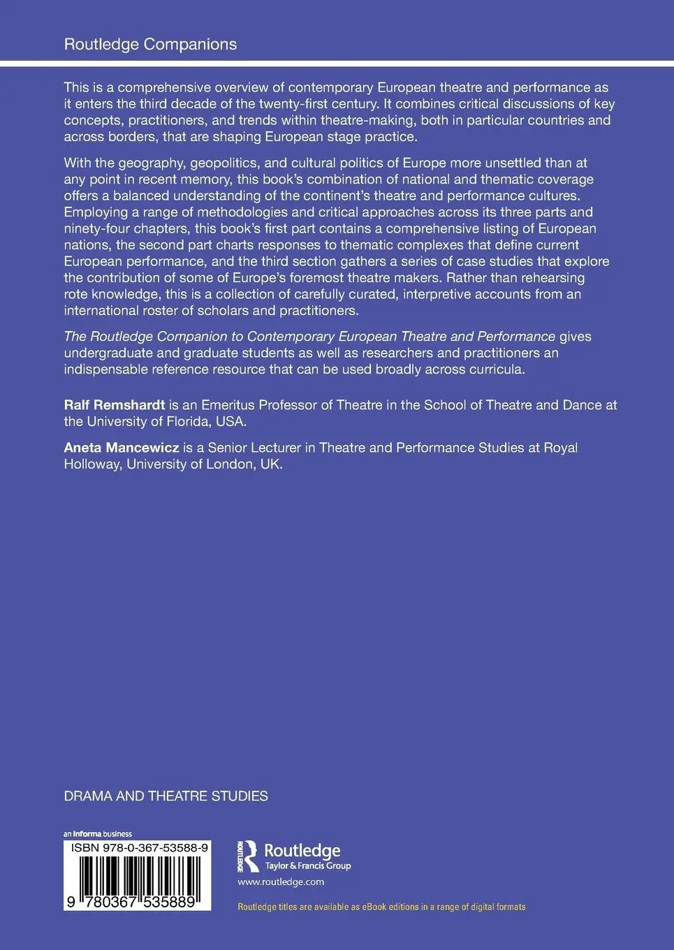 Rückseite: 9780367535889 | The Routledge Companion to Contemporary European Theatre and...
