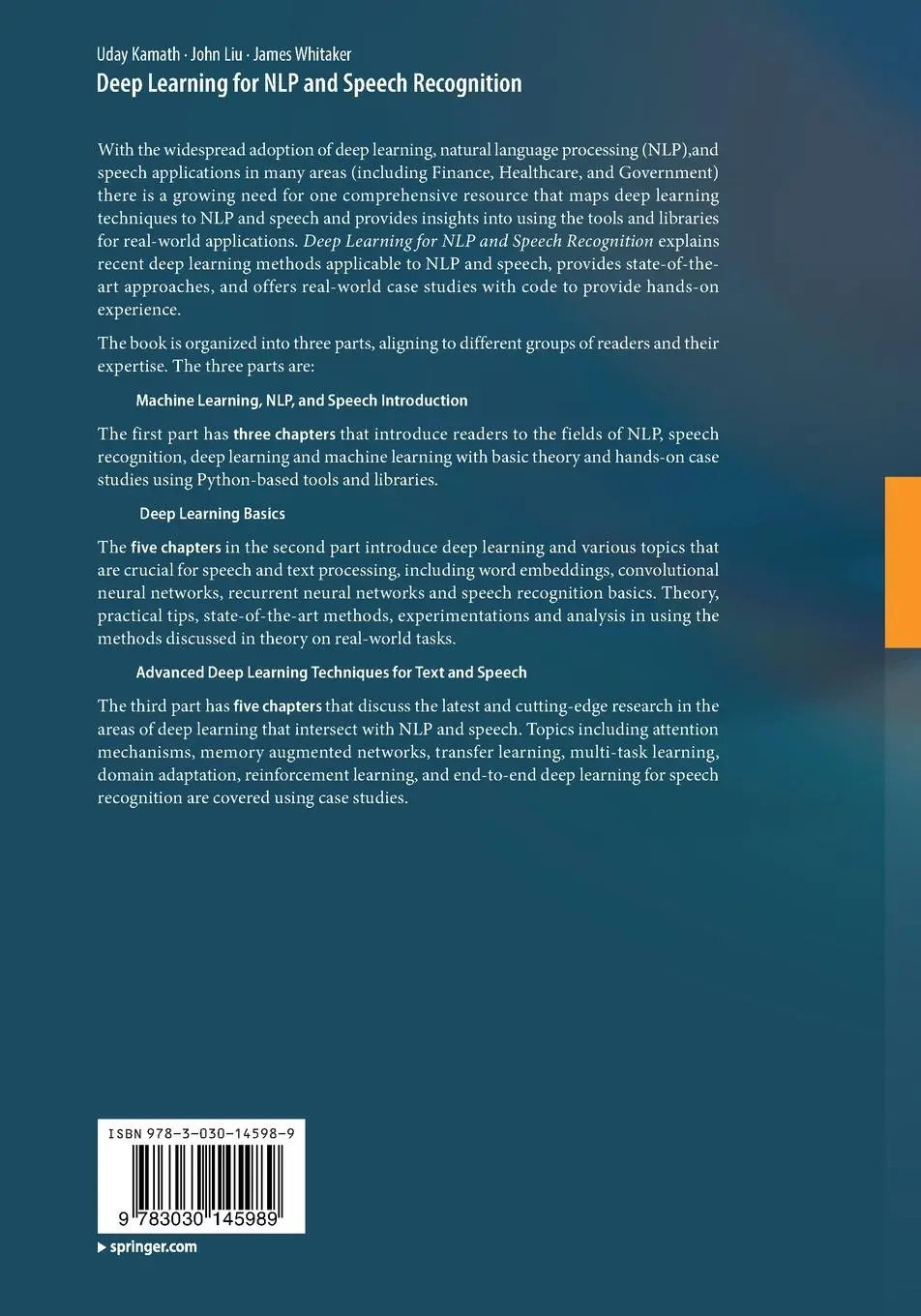 Rückseite: 9783030145989 | Deep Learning for NLP and Speech Recognition | Uday Kamath (u. a.)