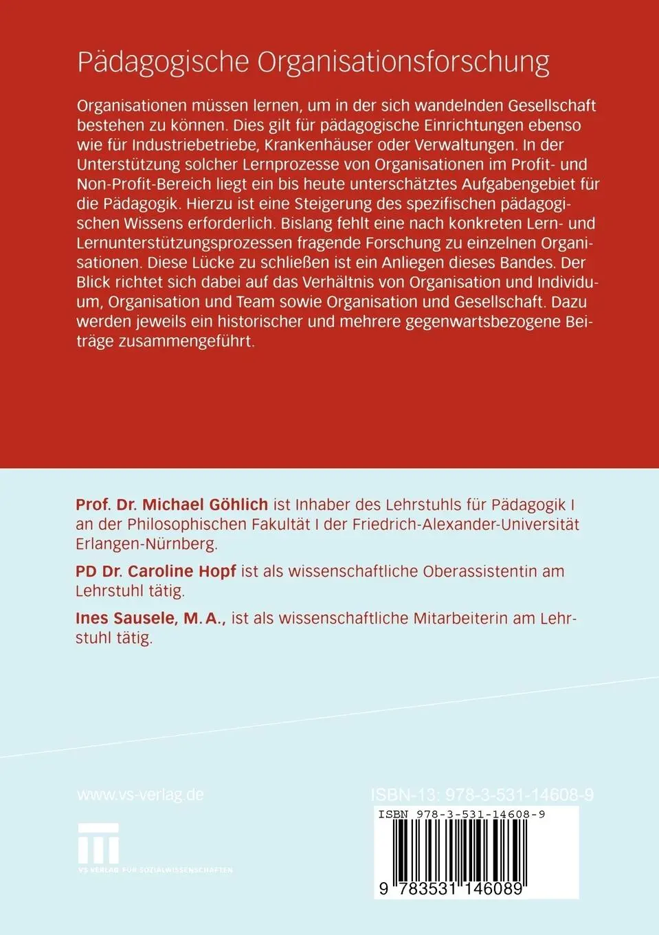 Rückseite: 9783531146089 | Pädagogische Organisationsforschung | Michael Göhlich (u. a.) | Buch