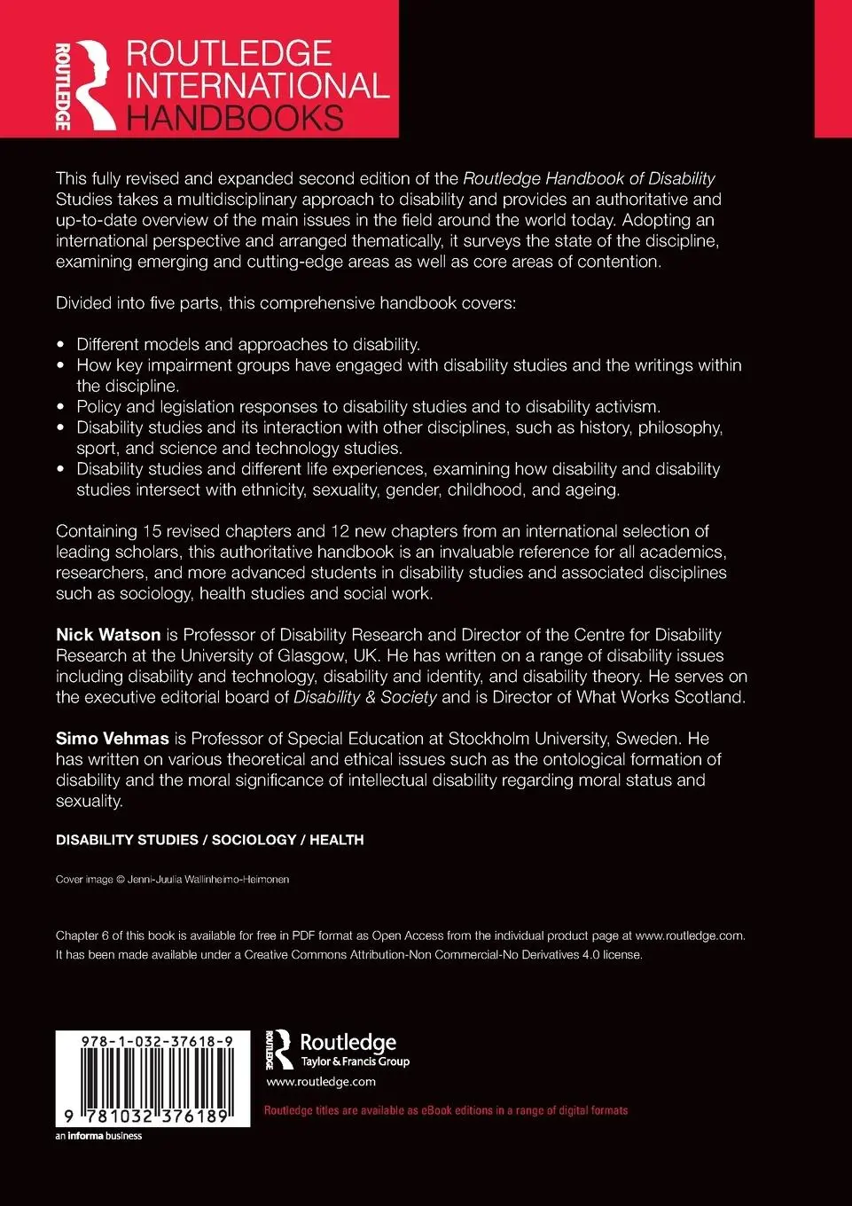 Rückseite: 9781032376189 | Routledge Handbook of Disability Studies | Nick Watson (u. a.) | Buch