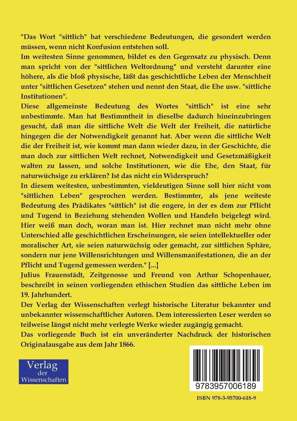 Rückseite: 9783957006189 | Das sittliche Leben | Julius Frauenstädt | Taschenbuch | 524 S. | 2019