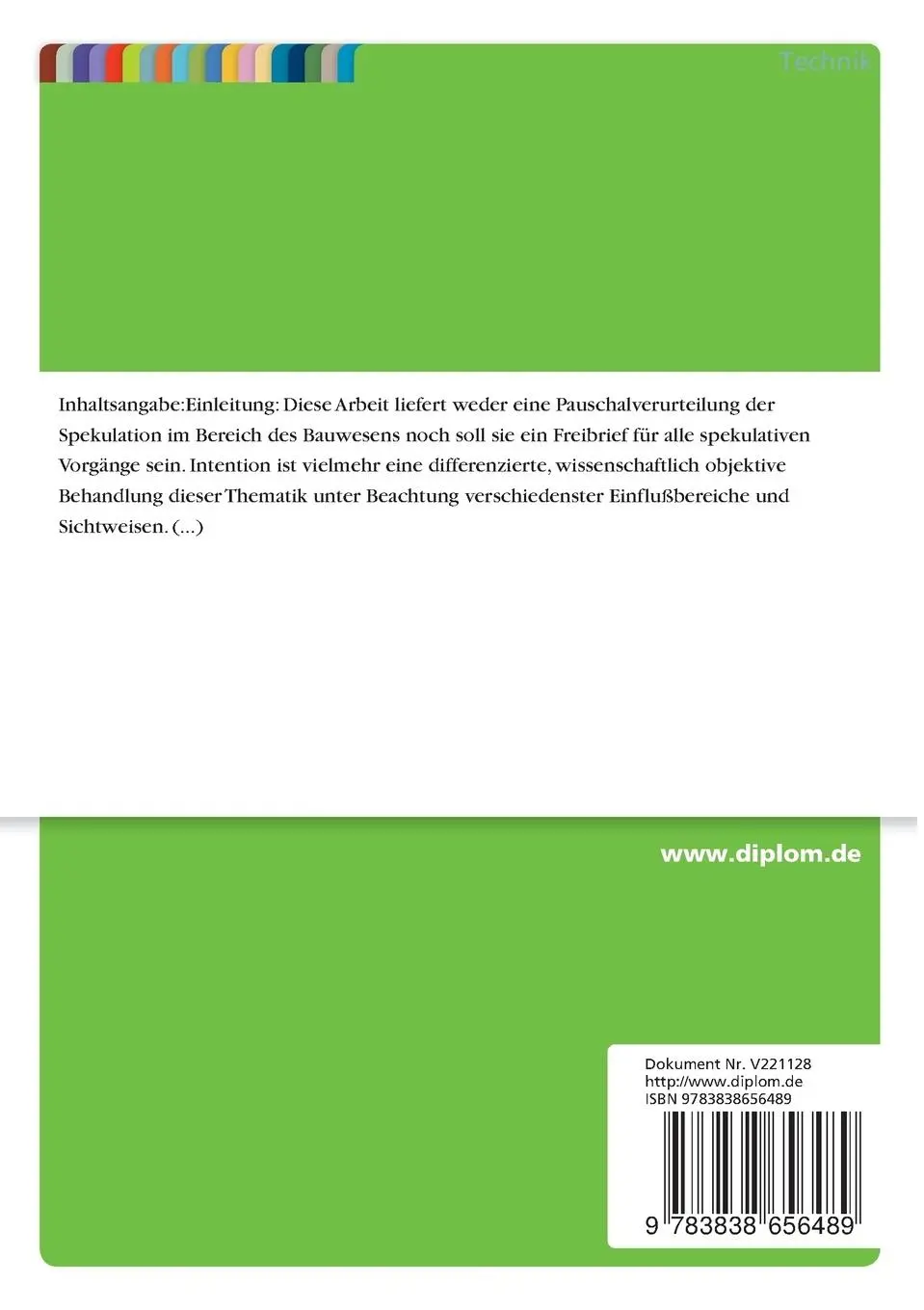Rückseite: 9783838656489 | Spekulation in der Bauwirtschaft | Walter Reckerzügl | Taschenbuch