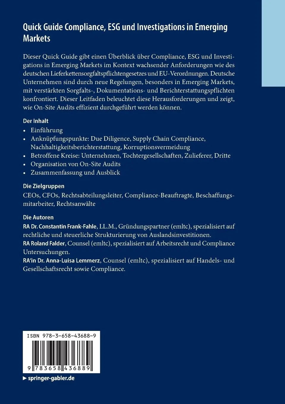 Rückseite: 9783658436889 | Quick Guide Compliance, ESG und Investigations in Emerging Markets