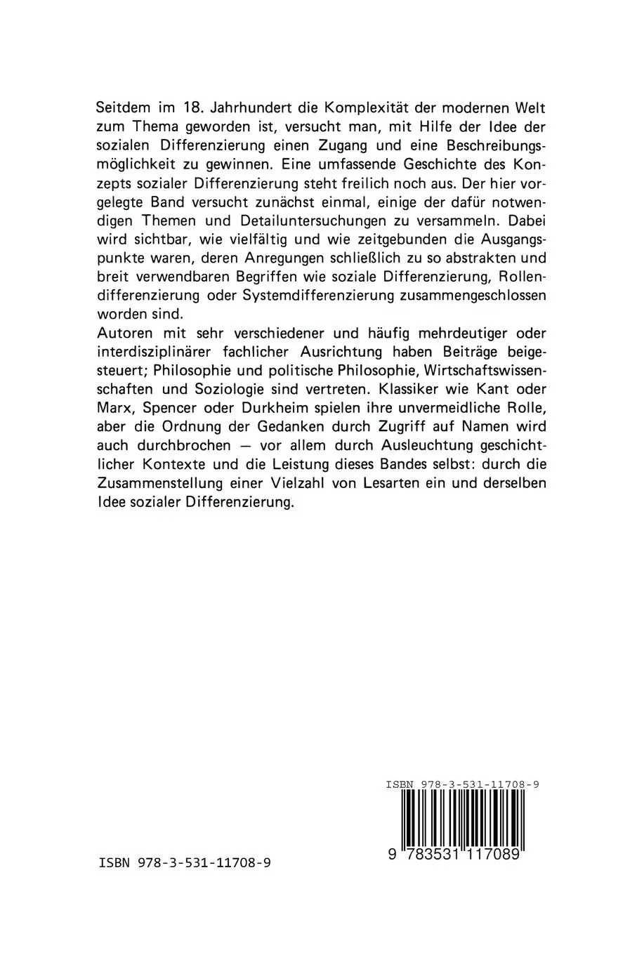 Rückseite: 9783531117089 | Soziale Differenzierung | Zur Geschichte einer Idee | Niklas Luhmann