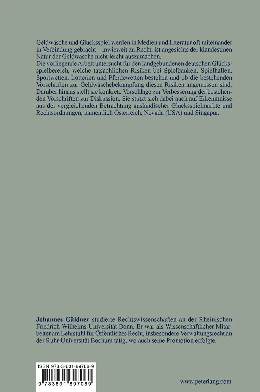 Rückseite: 9783631897089 | Geldwäsche im landgebundenen Glücksspielbereich | Johannes Güldner