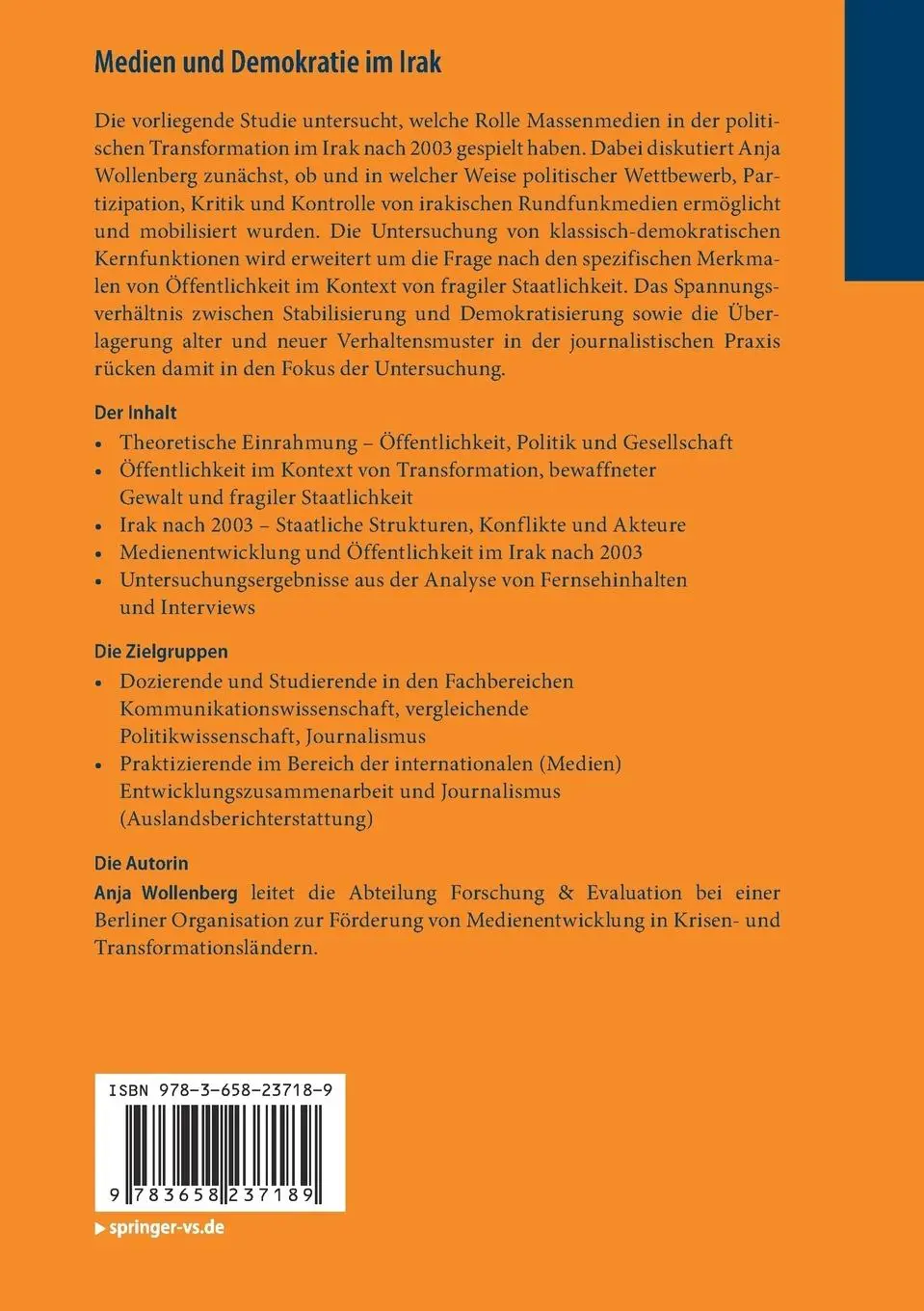 Rückseite: 9783658237189 | Medien und Demokratie im Irak | Anja Wollenberg | Taschenbuch | xiii