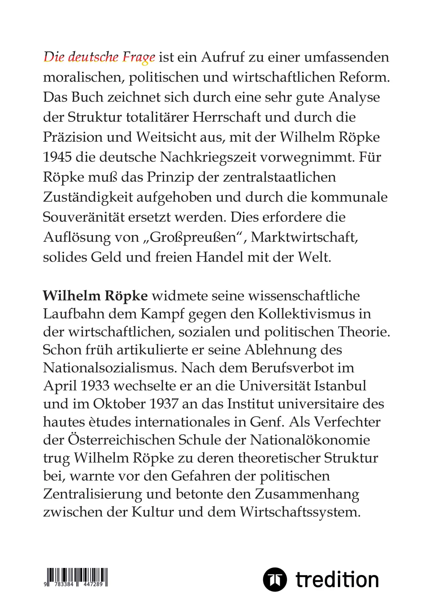 Rückseite: 9783384447289 | Die deutsche Frage | Wilhelm Röpke | Taschenbuch | 300 S. | Deutsch