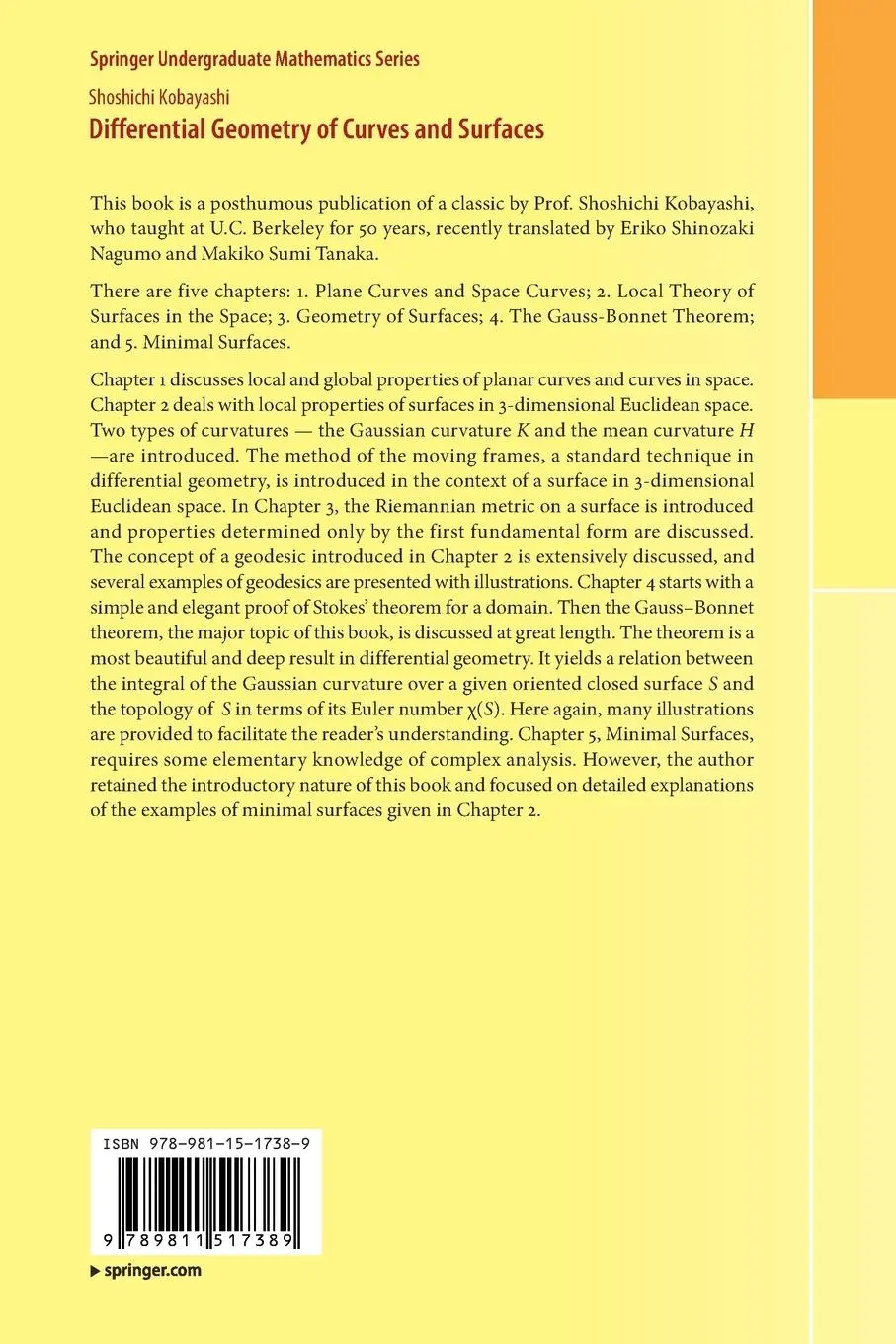 Rückseite: 9789811517389 | Differential Geometry of Curves and Surfaces | Shoshichi Kobayashi