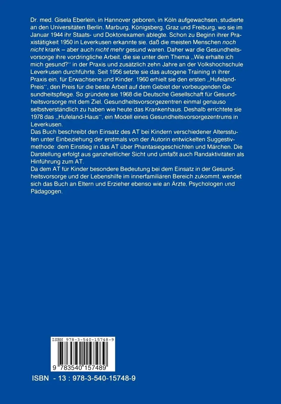 Rückseite: 9783540157489 | Autogenes Training für Kinder | Gisela Eberlein | Taschenbuch | viii
