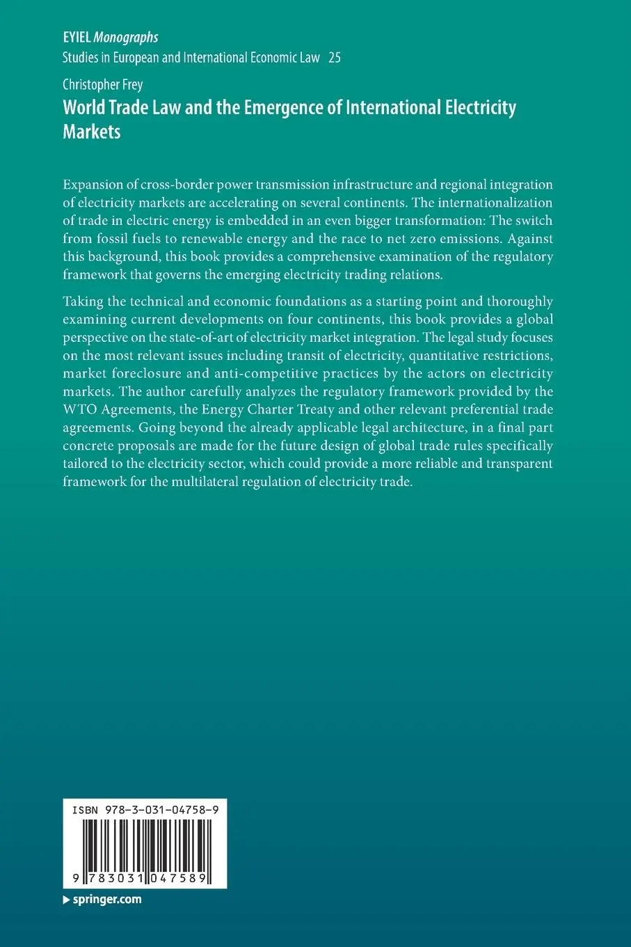 Rückseite: 9783031047589 | World Trade Law and the Emergence of International Electricity Markets