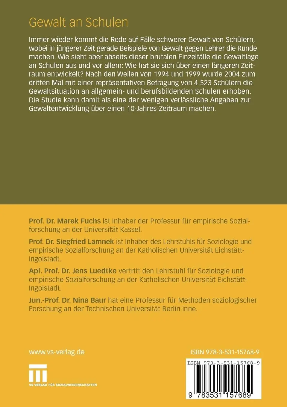 Rückseite: 9783531157689 | Gewalt an Schulen | 1994 - 1999 - 2004 | Marek Fuchs (u. a.) | Buch