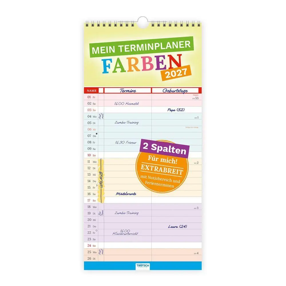 Cover: 9783988027689 | TRÖTSCH - Mein Terminplaner Farben 2027 | Wandkalender mit 2 Spalten