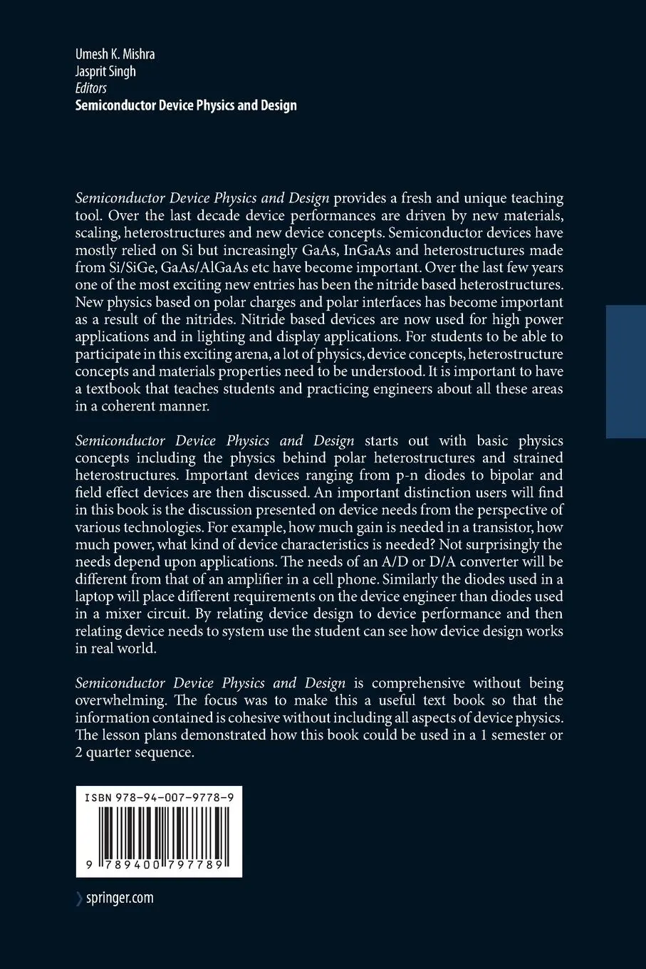 Rückseite: 9789400797789 | Semiconductor Device Physics and Design | Jasprit Singh (u. a.) | Buch