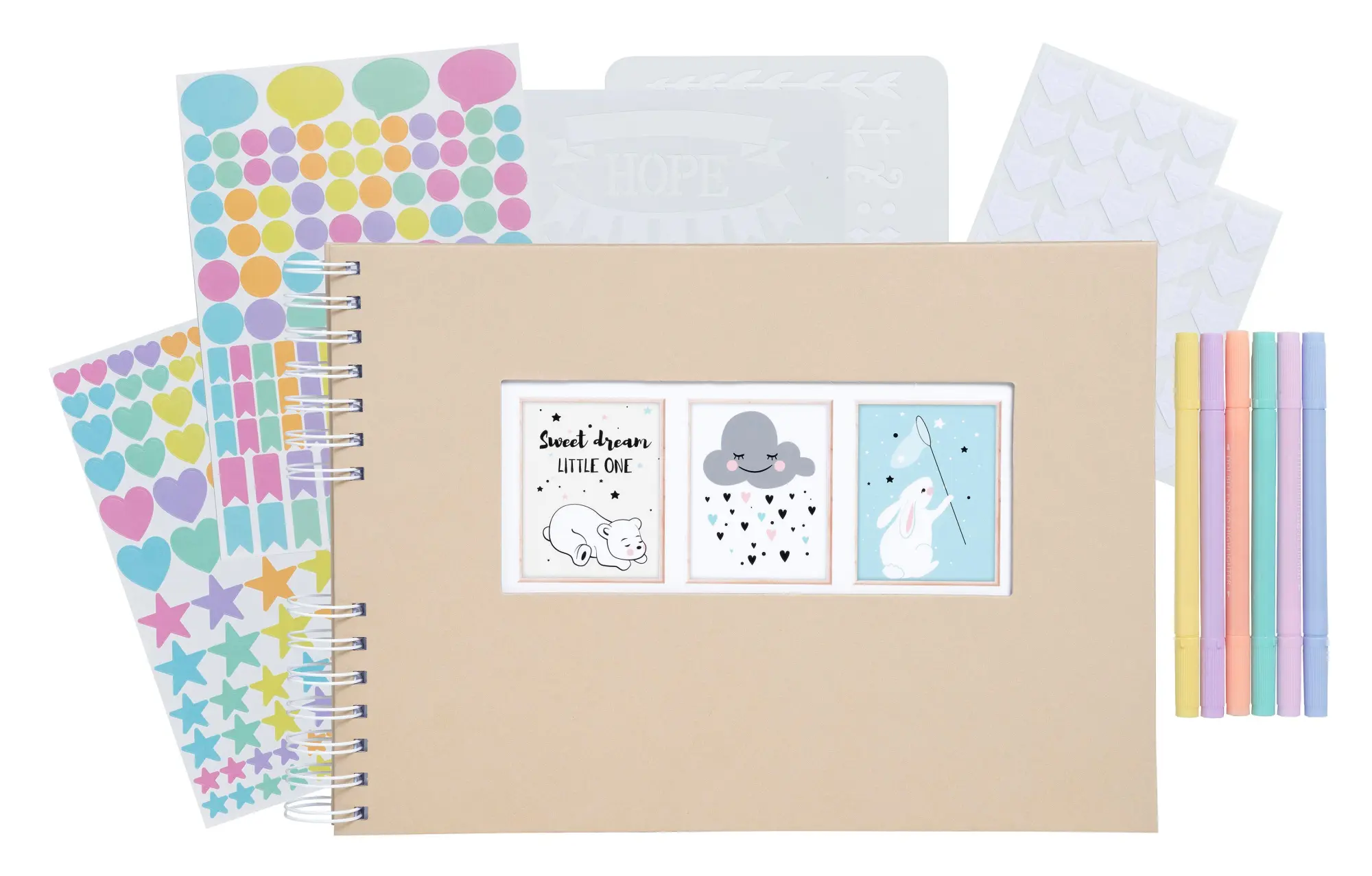 Scrapbooking-Set, Fotoalbum mit Spiralbindung, 50 Seiten weiß, 32x22 cm + Stifte, Sticker, Schablonen, Fotoecken