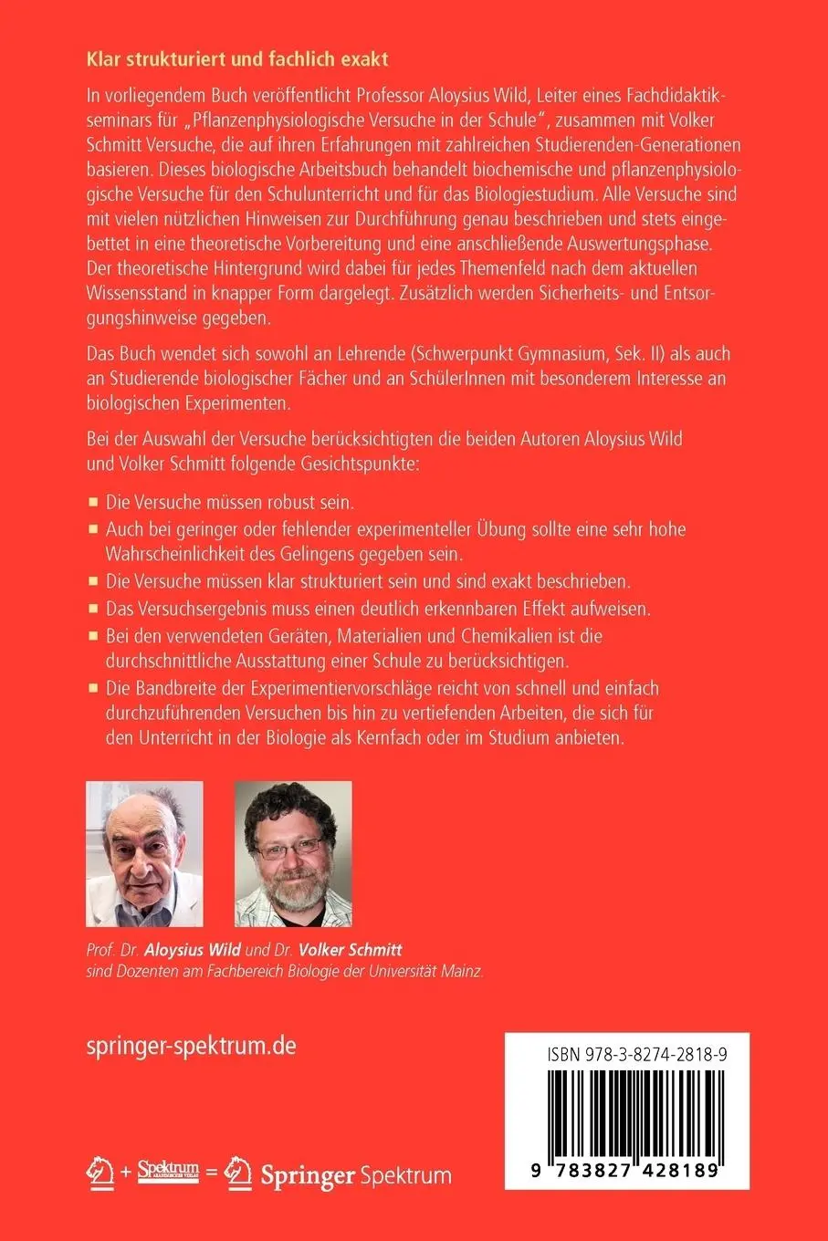 Rückseite: 9783827428189 | Biochemische und physiologische Versuche mit Pflanzen | Taschenbuch