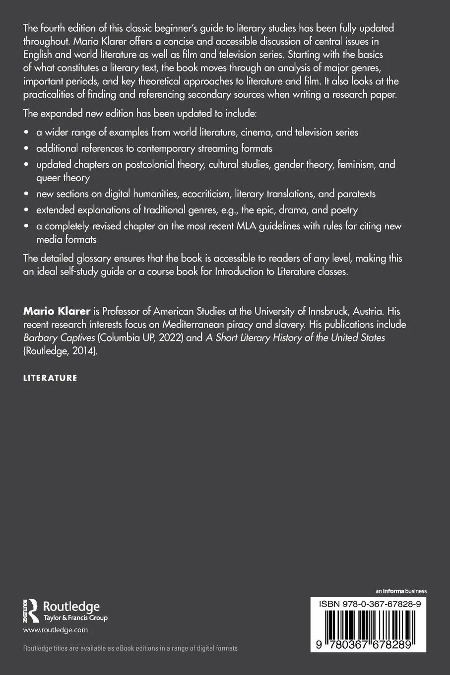 Rückseite: 9780367678289 | An Introduction to Literary Studies | Mario Klarer | Taschenbuch
