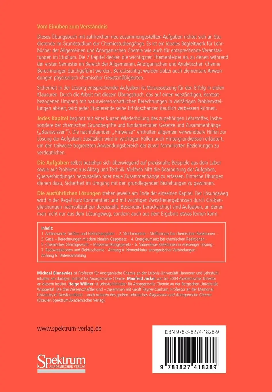 Rückseite: 9783827418289 | Übungsbuch Allgemeine Chemie | Michael Binnewies (u. a.) | Taschenbuch