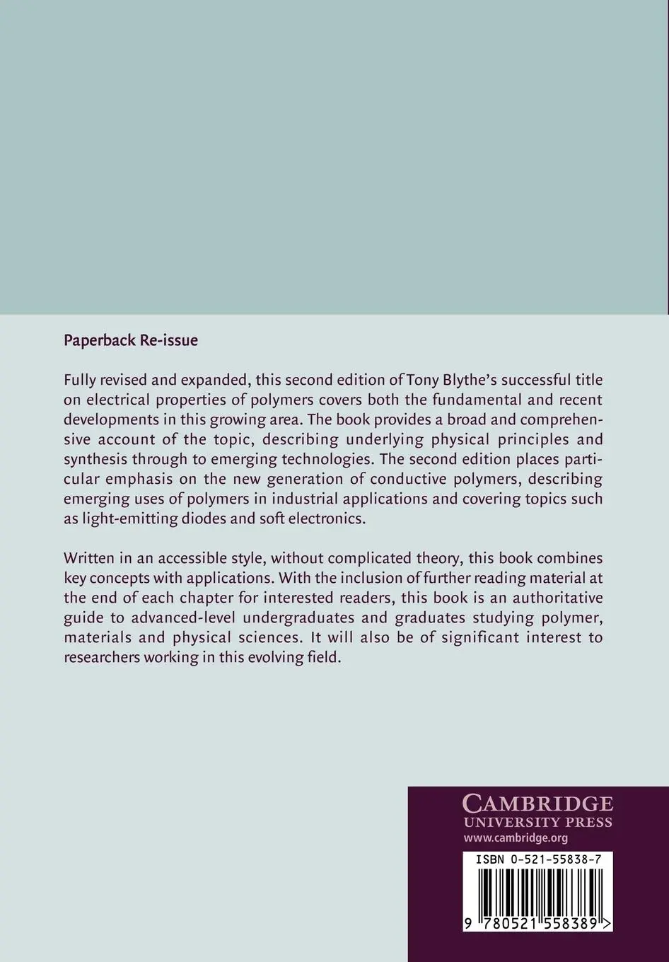 Rückseite: 9780521558389 | Electrical Properties of Polymers | Anthony Blythe (u. a.) | Buch