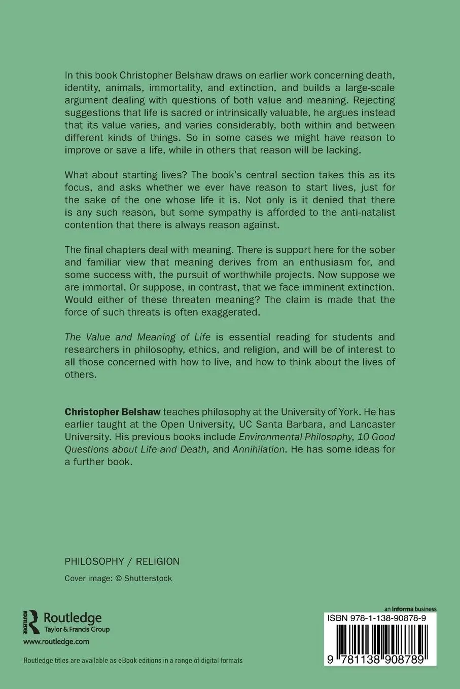 Rückseite: 9781138908789 | The Value and Meaning of Life | Christopher Belshaw | Taschenbuch
