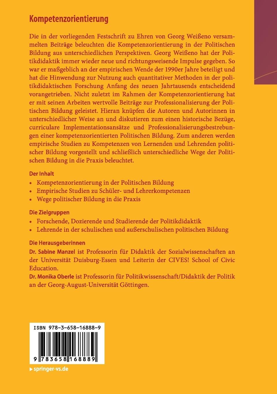 Rückseite: 9783658168889 | Kompetenzorientierung | Sabine Manzel (u. a.) | Taschenbuch | xv
