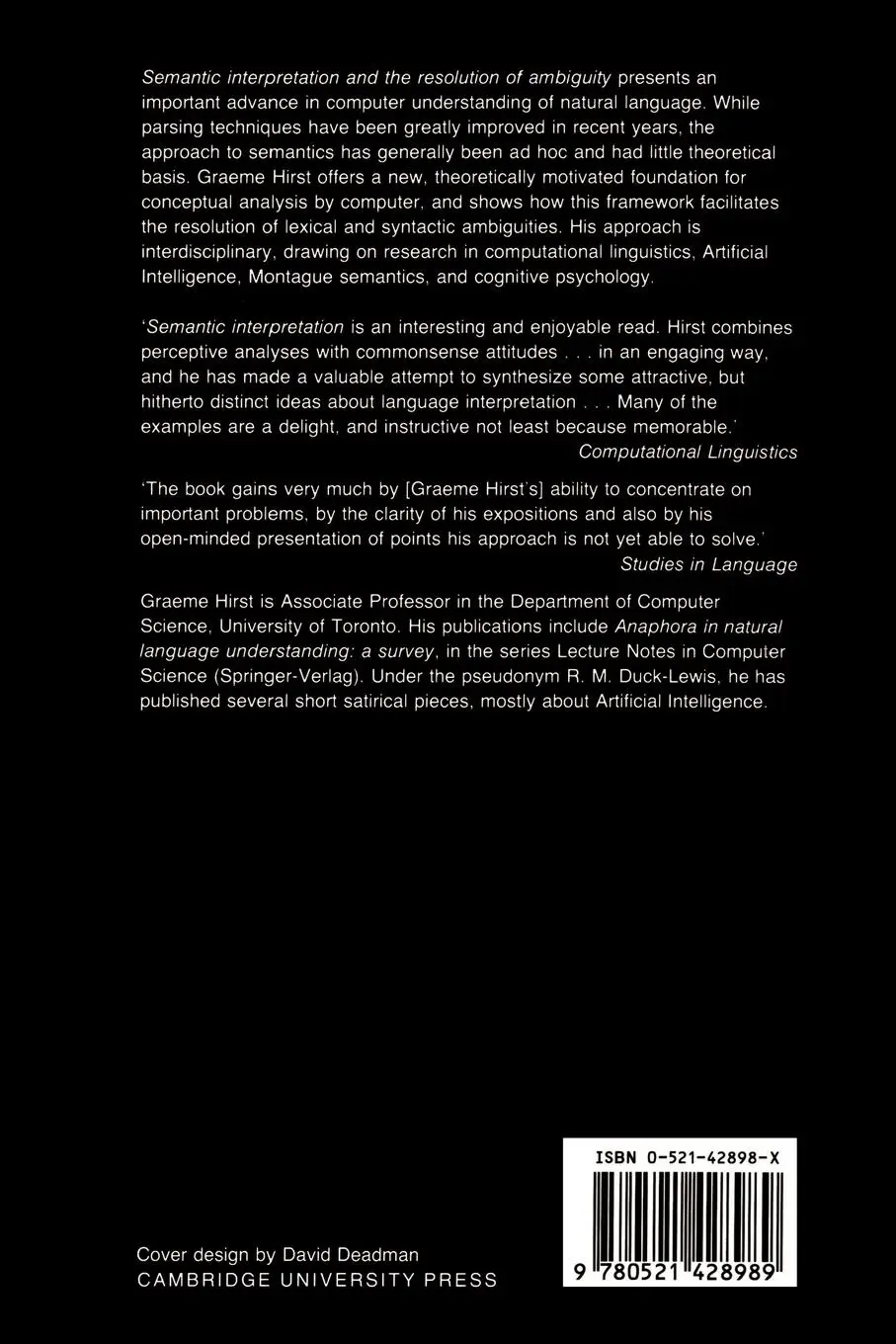 Rückseite: 9780521428989 | Semantic Interpretation and the Resolution of Ambiguity | Taschenbuch