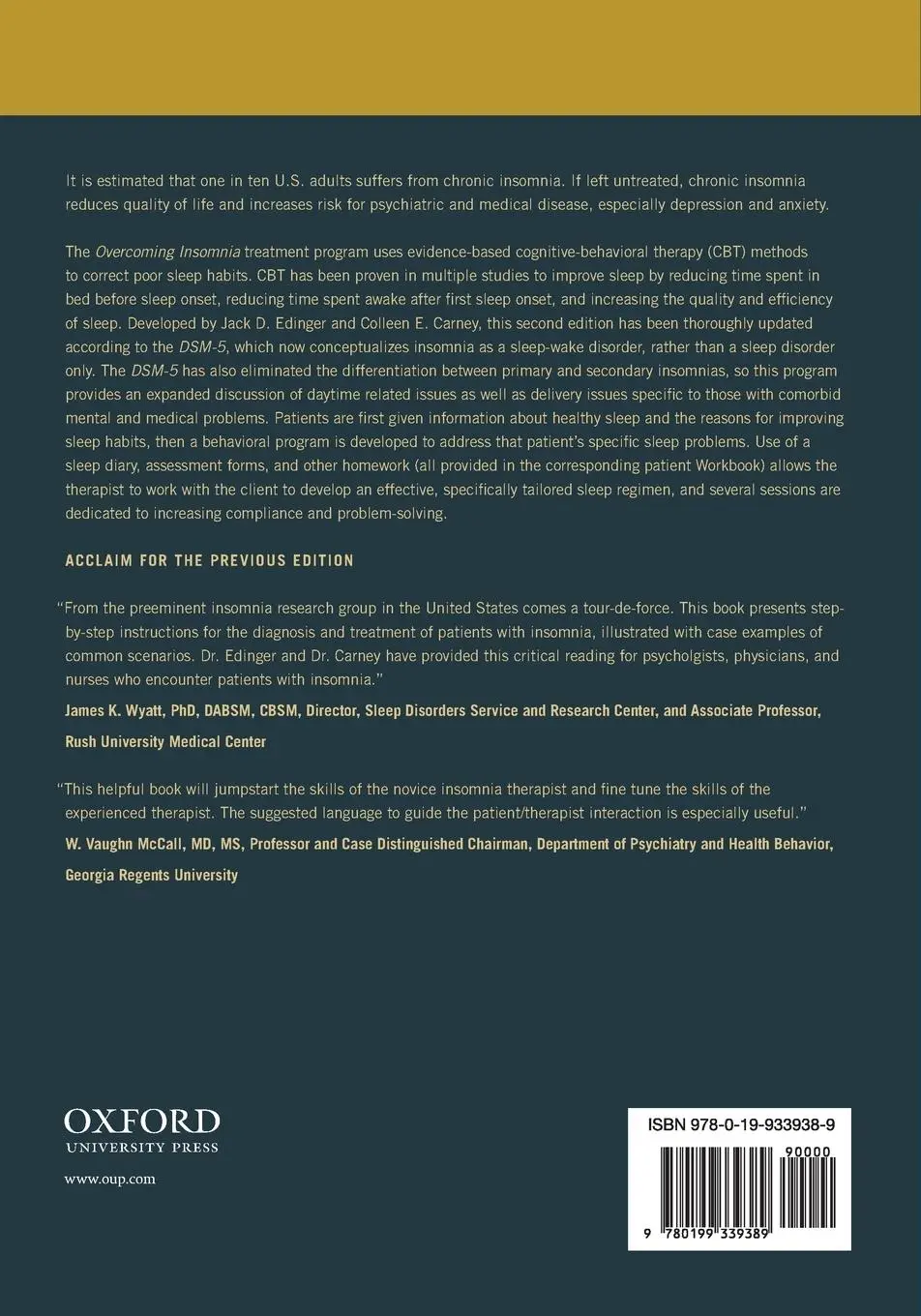 Rückseite: 9780199339389 | Overcoming Insomnia | Jack D. Edinger (u. a.) | Taschenbuch | Englisch