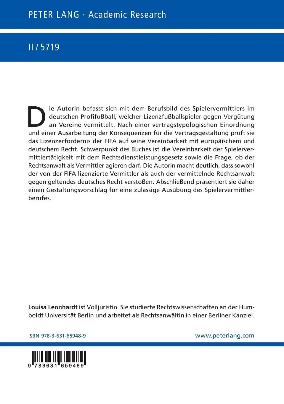 Rückseite: 9783631659489 | Rechtliche Grenzen der Spielervermittlung im Lizenzfußball | Leonhardt