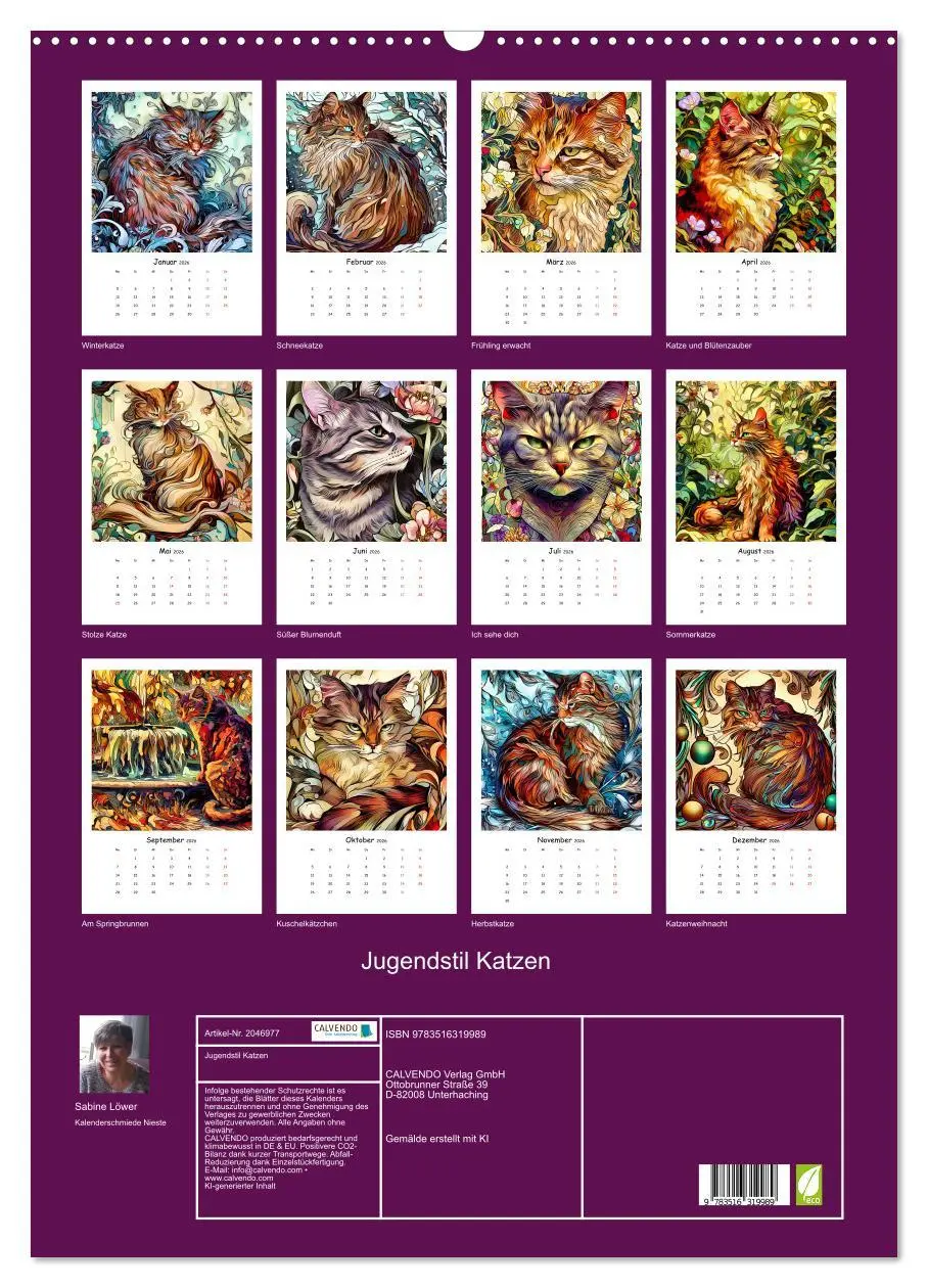 Bild: 9783516319989 | Jugendstil Katzen (Wandkalender 2026 DIN A2 hoch), CALVENDO...