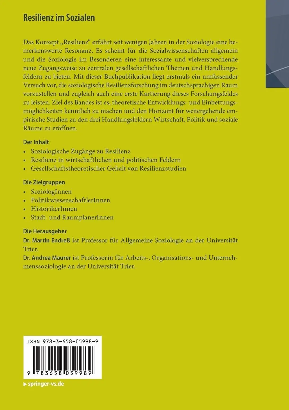 Rückseite: 9783658059989 | Resilienz im Sozialen | Theoretische und empirische Analysen | Buch