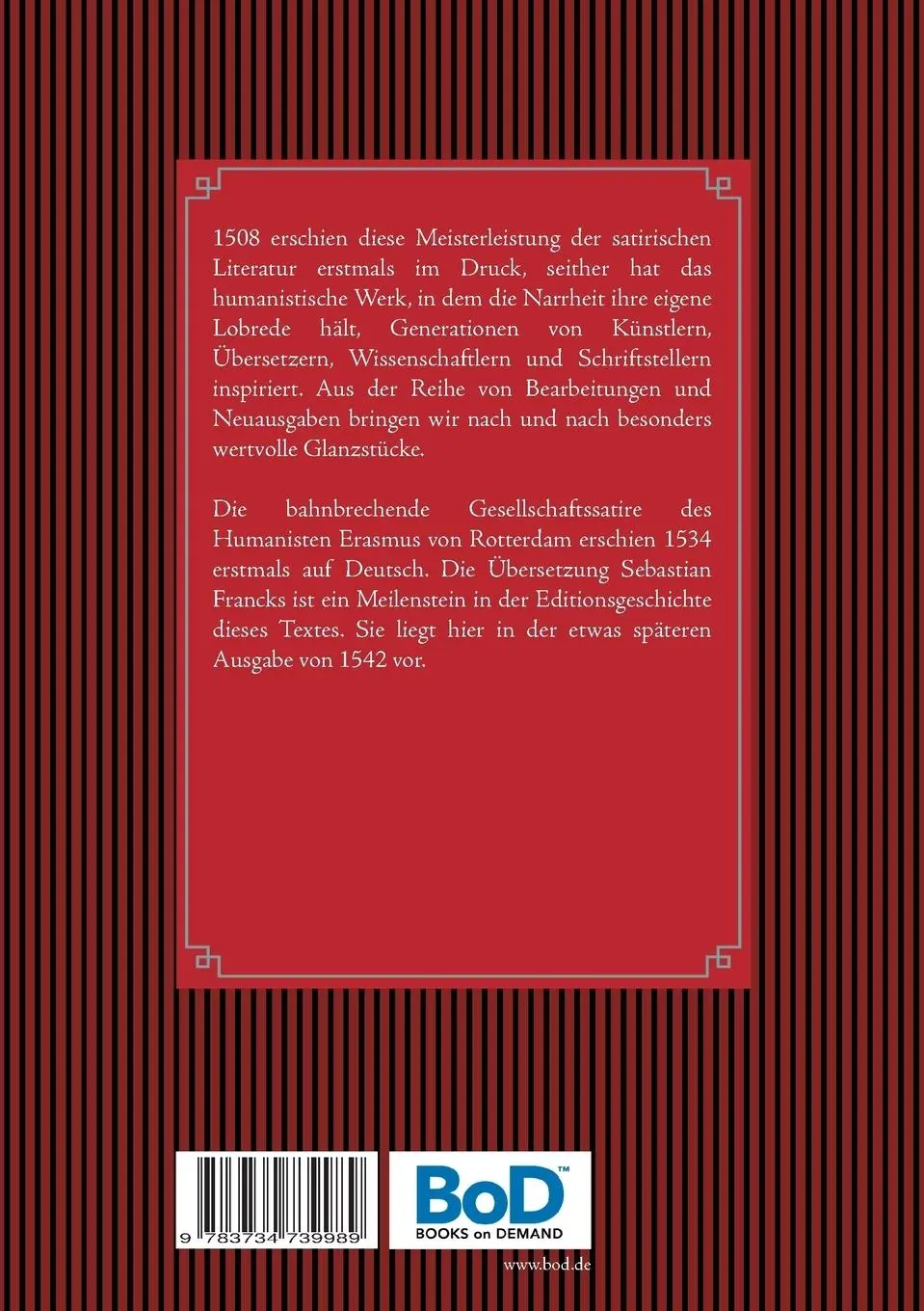 Rückseite: 9783734739989 | Lob der Torheit | Reprint der deutschen Ausgabe von 1542 | Rotterdam