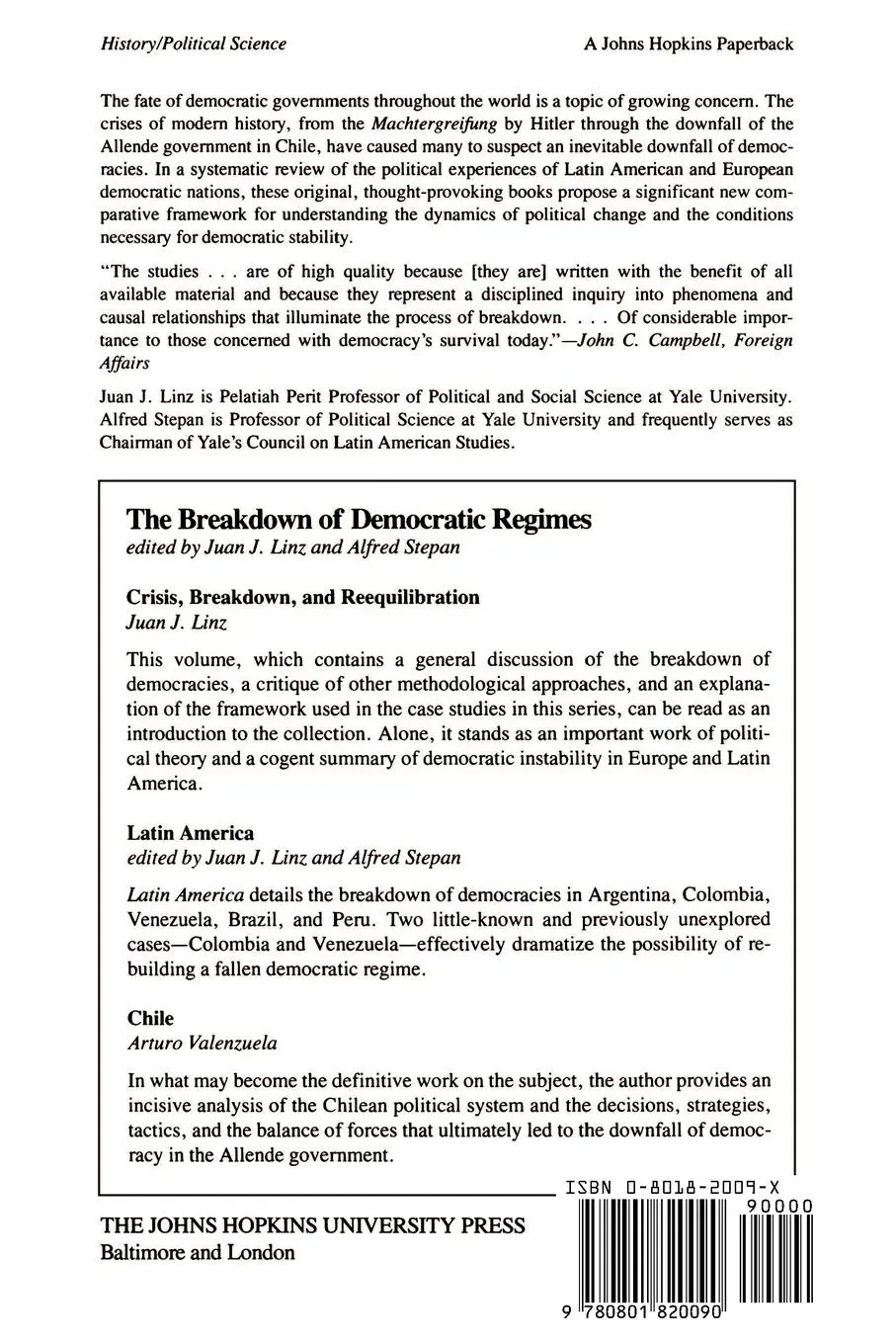 Rückseite: 9780801820090 | The Breakdown of Democratic Regimes | Juan J. Linz (u. a.) | Buch