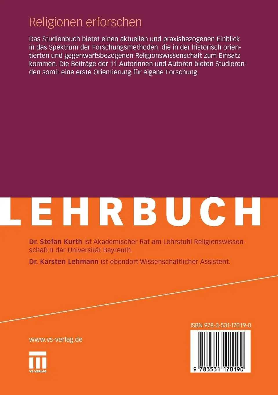Rückseite: 9783531170190 | Religionen erforschen | Karsten Lehmann (u. a.) | Taschenbuch | 220 S.