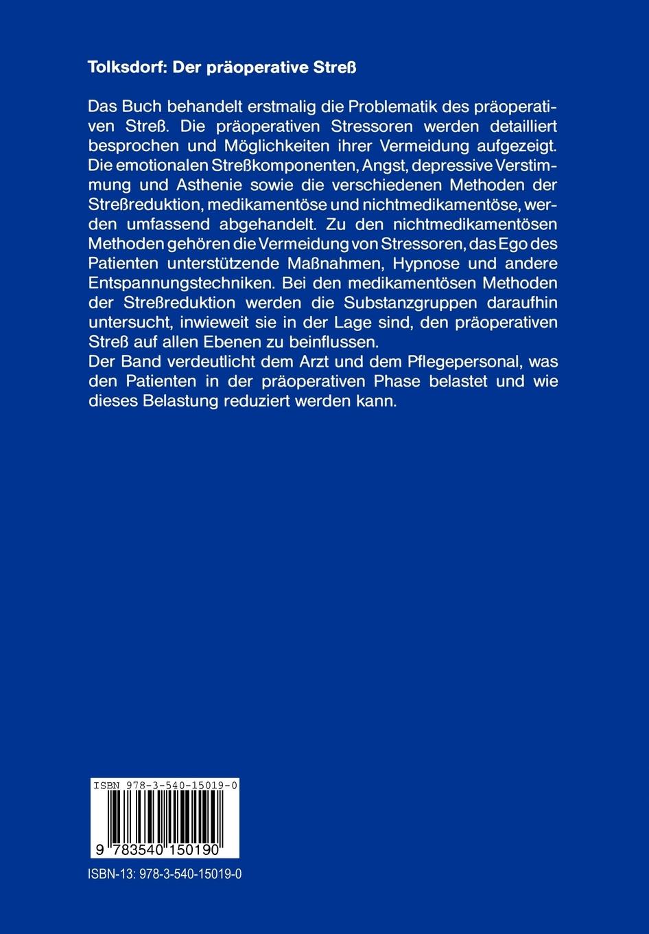 Rückseite: 9783540150190 | Der präoperative Streß | W. Tolksdorf | Taschenbuch | xii | Deutsch