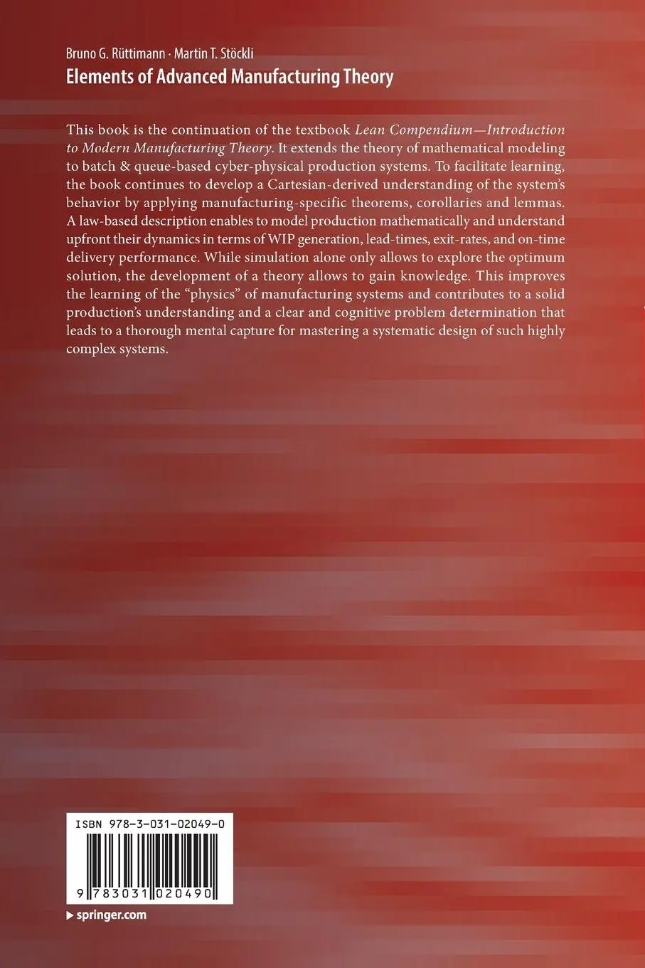 Rückseite: 9783031020490 | Elements of Advanced Manufacturing Theory | Martin T. Stöckli (u. a.)