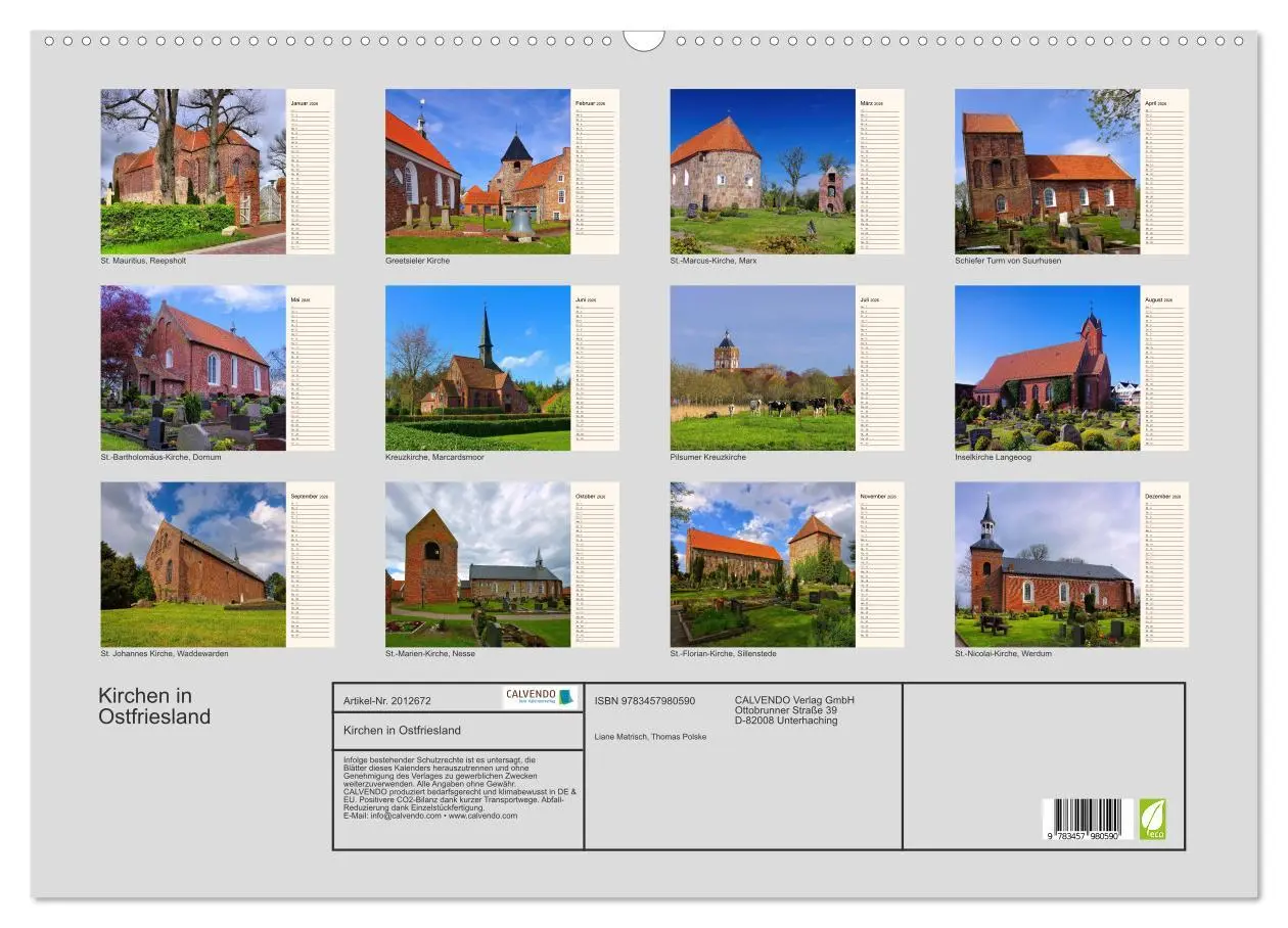 Bild: 9783457980590 | Kirchen in Ostfriesland (Wandkalender 2026 DIN A2 quer), CALVENDO...