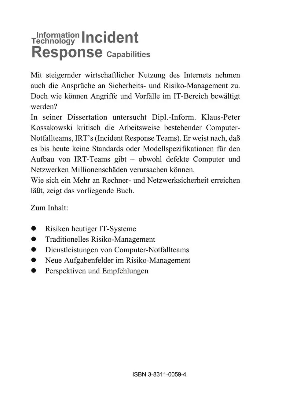 Rückseite: 9783831100590 | Information Technology Incident Response Capabilities | Kossakowski