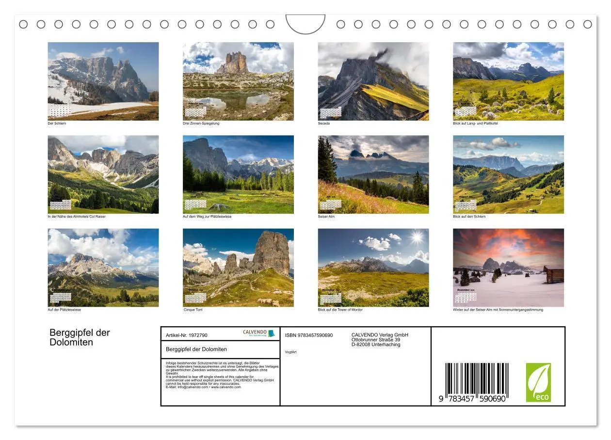 Bild: 9783457590690 | Berggipfel der Dolomiten (Wandkalender 2026 DIN A4 quer), CALVENDO...