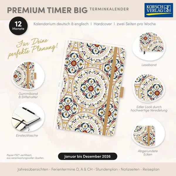 Bild: 9783731890690 | Premium Timer Big "Ornament" 2026 | Verlag Korsch | Buch | 144 S.