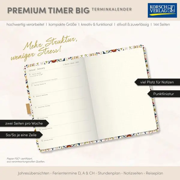 Bild: 9783731890690 | Premium Timer Big "Ornament" 2026 | Verlag Korsch | Buch | 144 S.