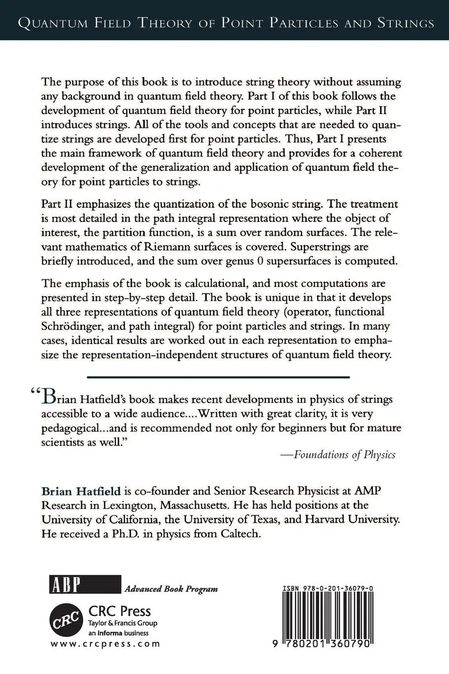Rückseite: 9780201360790 | Quantum Field Theory Of Point Particles And Strings | Brian Hatfield