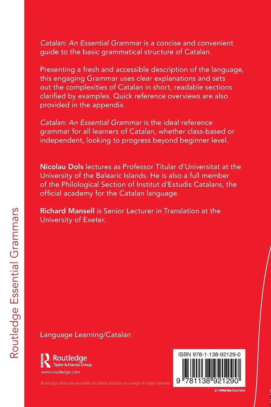 Rückseite: 9781138921290 | Catalan | An Essential Grammar | Nicolau Dols (u. a.) | Taschenbuch