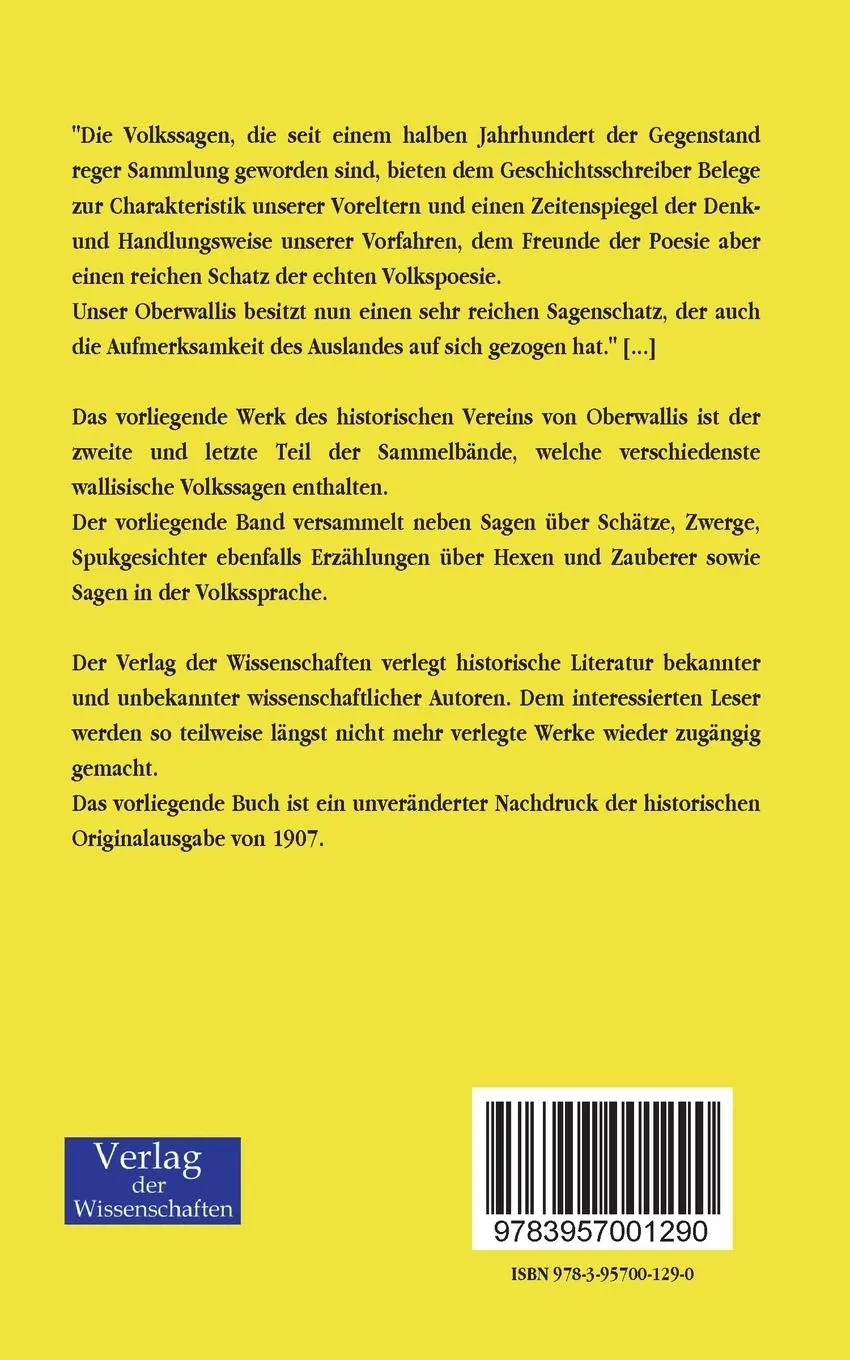 Rückseite: 9783957001290 | Walliser Sagen | Zweiter Teil | Historischer Verein Von Oberwallis