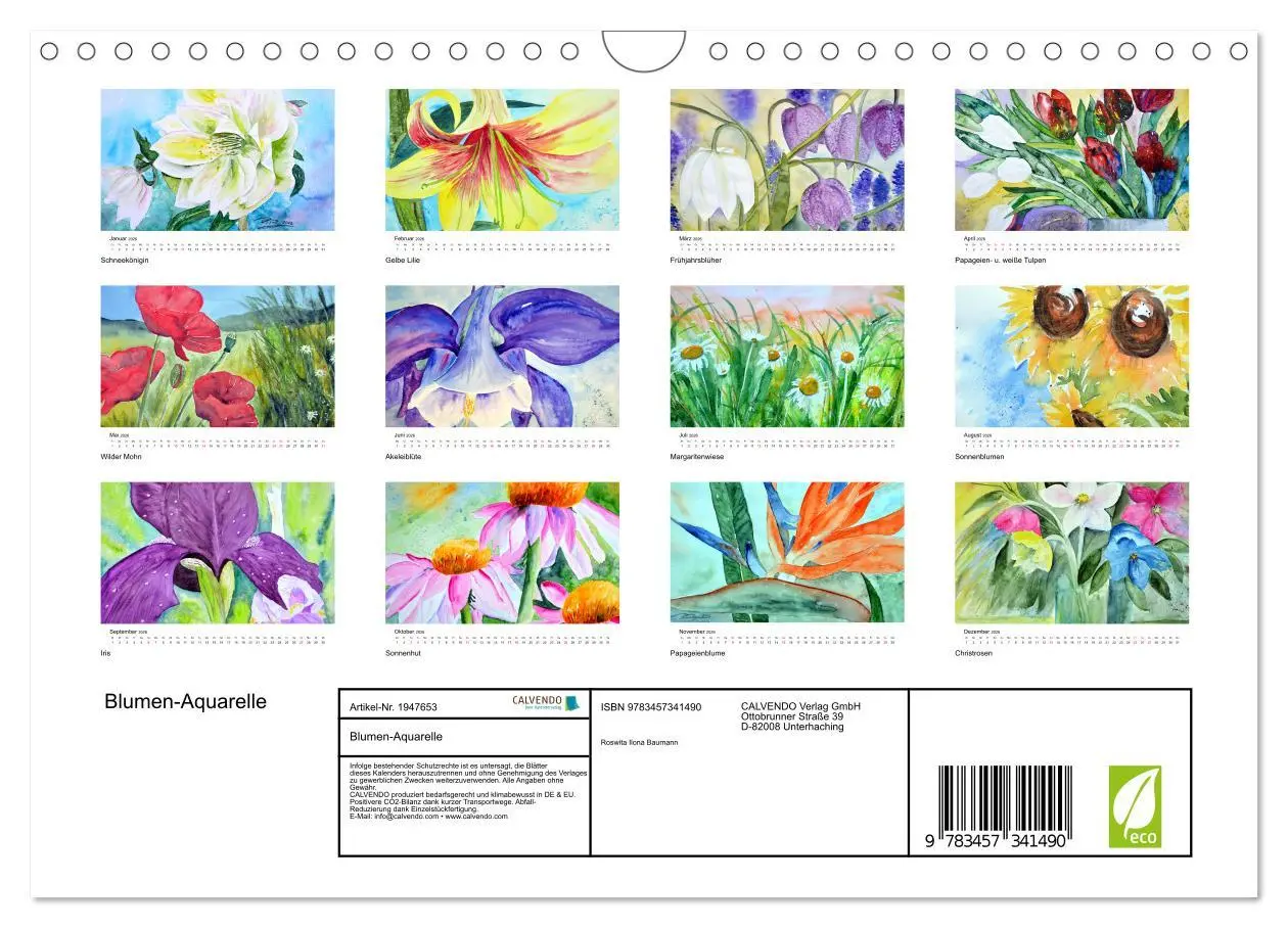 Bild: 9783457341490 | Blumen-Aquarelle (Wandkalender 2026 DIN A4 quer), CALVENDO...