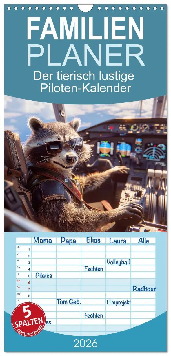 Cover: 9783516491890 | Familienplaner 2026 - Der tierisch lustige Piloten-Kalender mit 5...