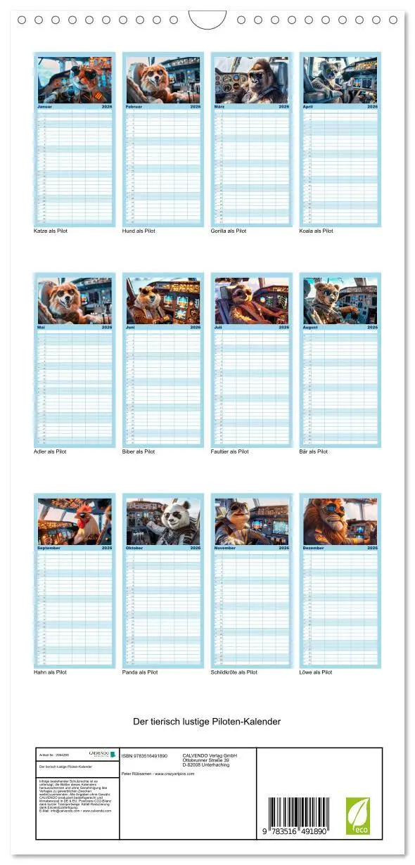 Bild: 9783516491890 | Familienplaner 2026 - Der tierisch lustige Piloten-Kalender mit 5...