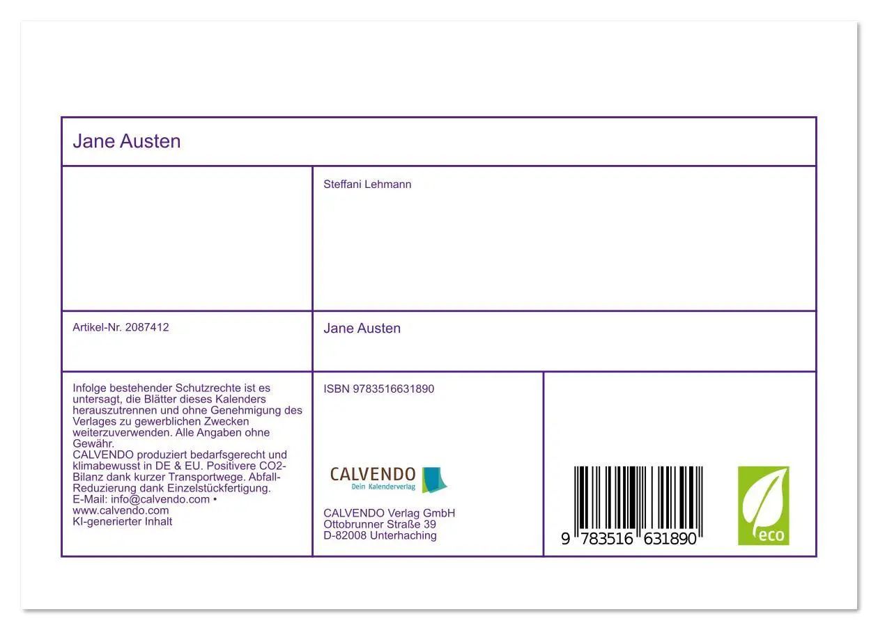 Bild: 9783516631890 | Jane Austen (Tischkalender 2026 DIN A5 quer), CALVENDO Monatskalender