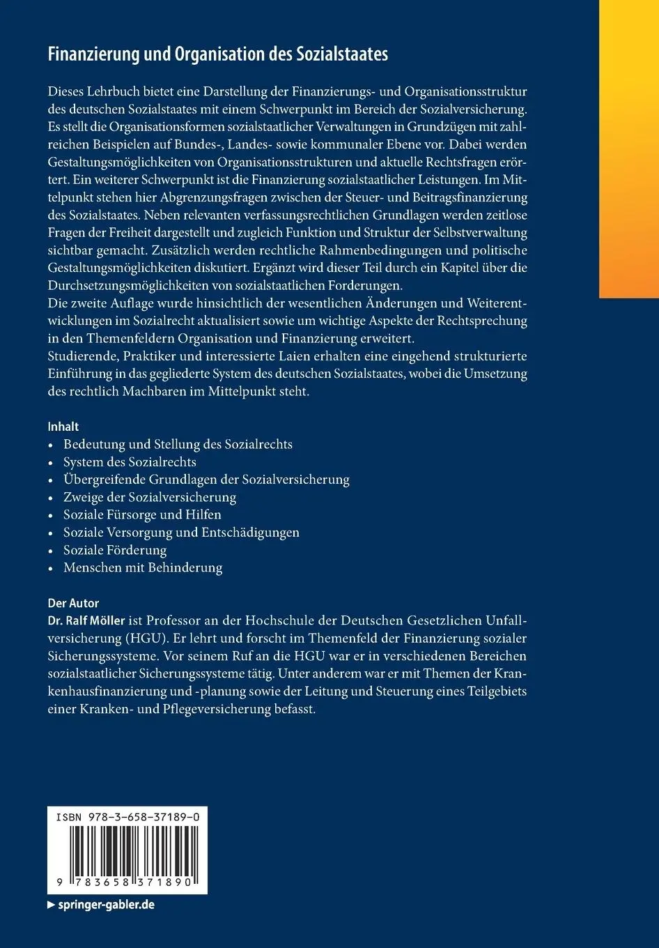 Rückseite: 9783658371890 | Finanzierung und Organisation des Sozialstaates | Ralf Möller | Buch