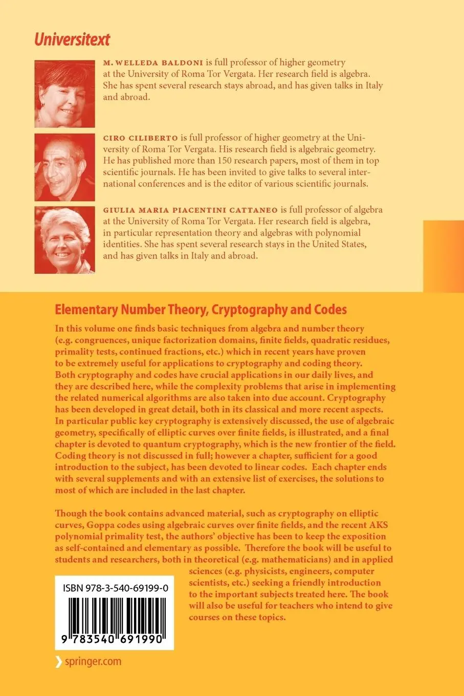 Rückseite: 9783540691990 | Elementary Number Theory, Cryptography and Codes | Baldoni (u. a.)